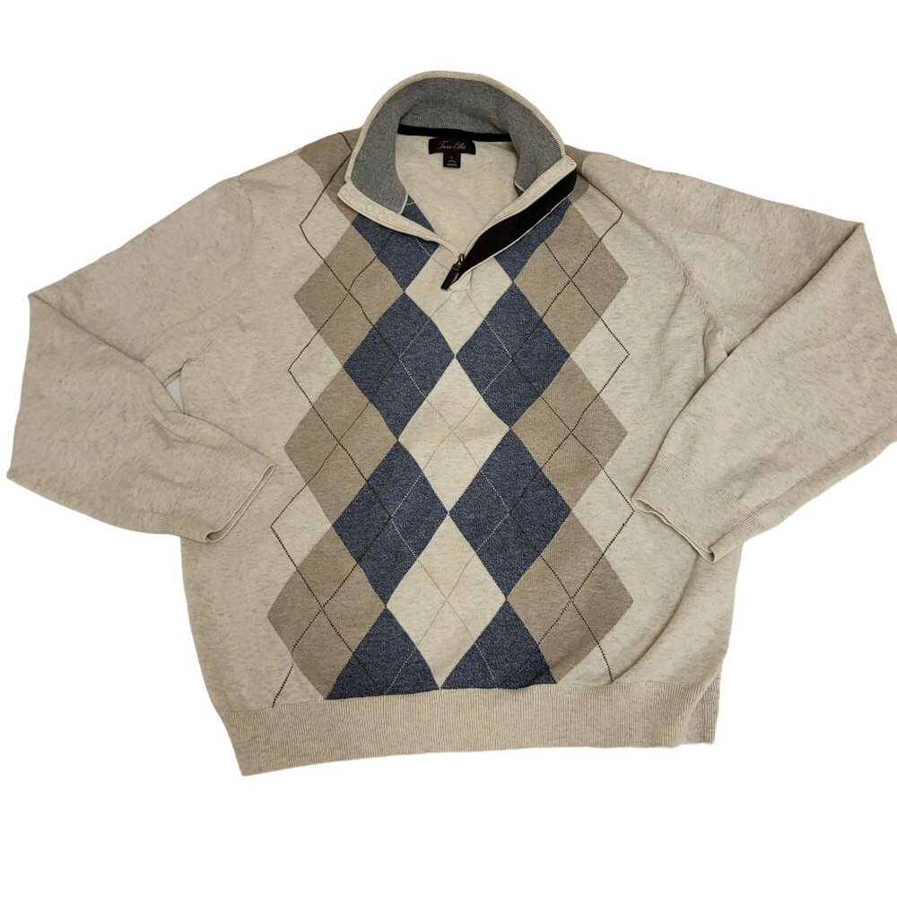 Tasso Elba Quarter Zip Sweater Argyle Men's L Tan Blue Cream Tan